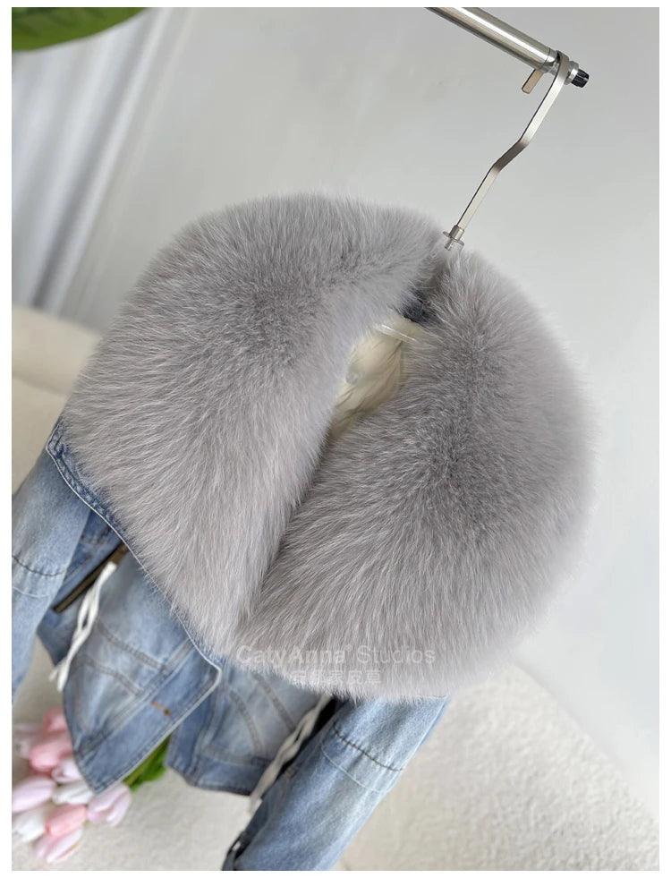 European Winter New Fox Fur Big Fur Collar Denim Down Jacket Short Casual White Goose Down Warm Jacket Women Parka - tntwear1