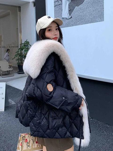 Winter Duck Down Jacket Bat Sleeve Women Oversized Coat Fluffy Faux Fur Warm Parkas - tntwear1