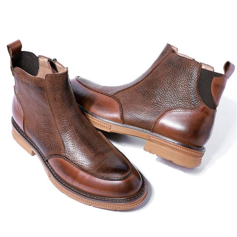 Hight End Boots Men Winter Shoes Full Grain Leather Chelsea Boots Business Man Elegant Zip Ankle Boots Retro - tntwear1