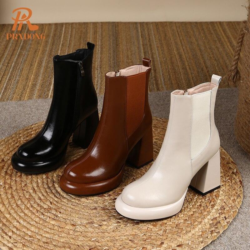 Women's Shoes Genuine Cow Leather Square Toe Black Beige Chunky High Heels Dress Office Working Ankle Boots Shoes - tntwear1