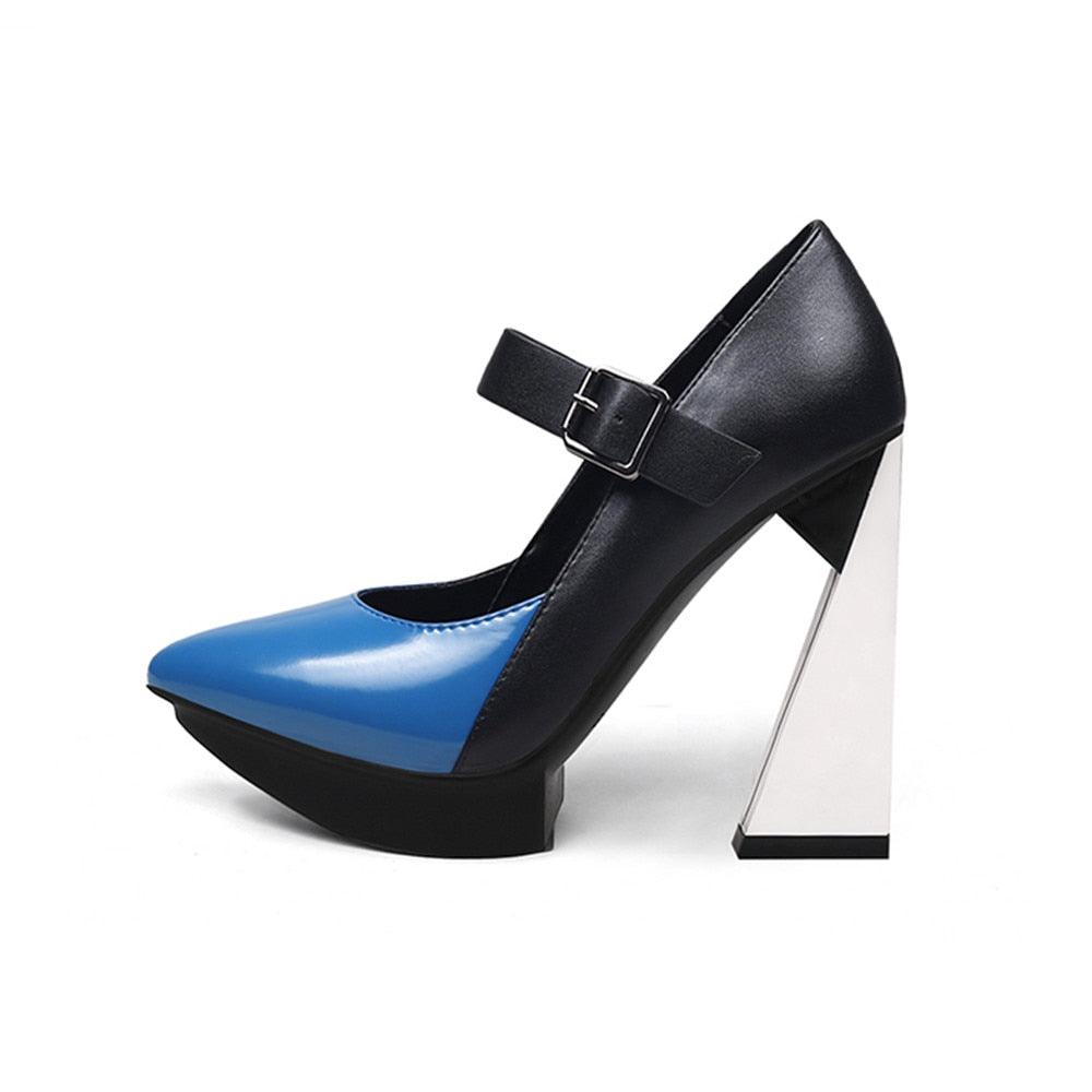 New Platform Women Shallow Pumps Pointed Toe Blue Mixed Black Leather High Heels Chic Mary Jeans Strap Party Stilettos - tntwear1