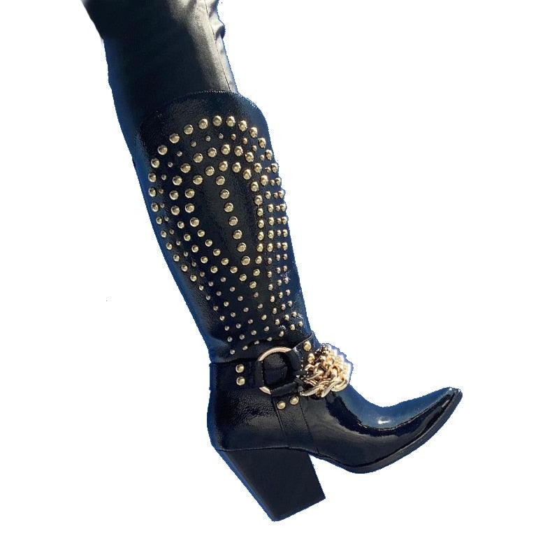 New Punk style western cowboy boots Women's Shoes Thick heel tip Rivet belt buckle Black Patent leather Plus Size - tntwear1