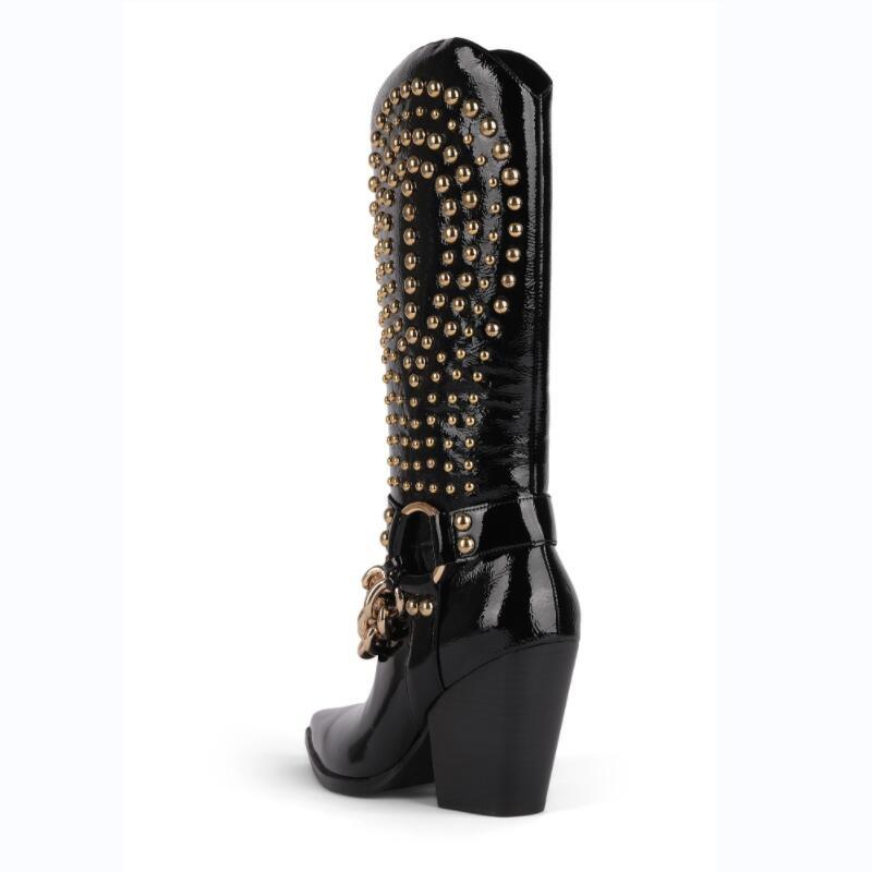 New Punk style western cowboy boots Women's Shoes Thick heel tip Rivet belt buckle Black Patent leather Plus Size - tntwear1