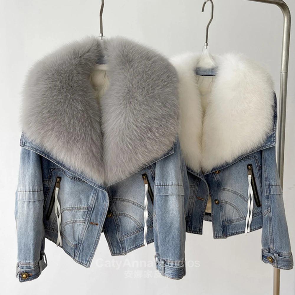 European Winter New Fox Fur Big Fur Collar Denim Down Jacket Short Casual White Goose Down Warm Jacket Women Parka - tntwear1