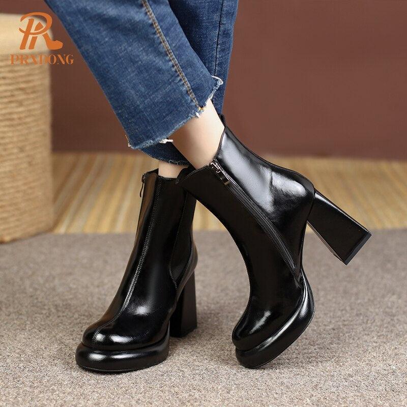 Women's Shoes Genuine Cow Leather Square Toe Black Beige Chunky High Heels Dress Office Working Ankle Boots Shoes - tntwear1