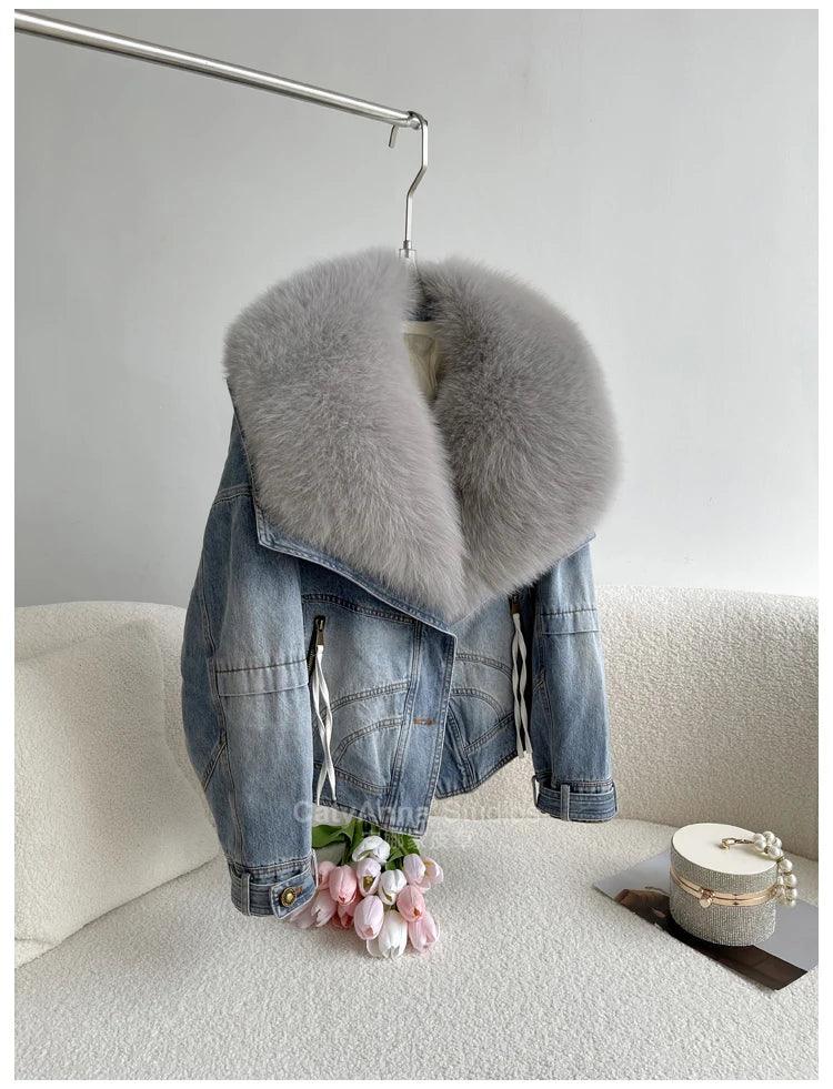 European Winter New Fox Fur Big Fur Collar Denim Down Jacket Short Casual White Goose Down Warm Jacket Women Parka - tntwear1