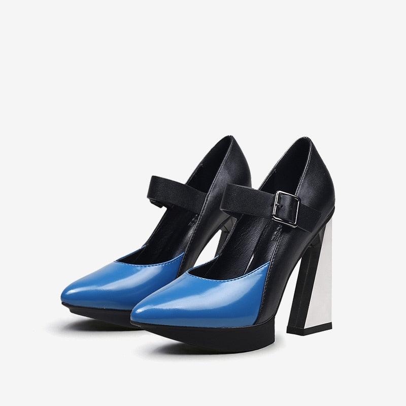 New Platform Women Shallow Pumps Pointed Toe Blue Mixed Black Leather High Heels Chic Mary Jeans Strap Party Stilettos - tntwear1