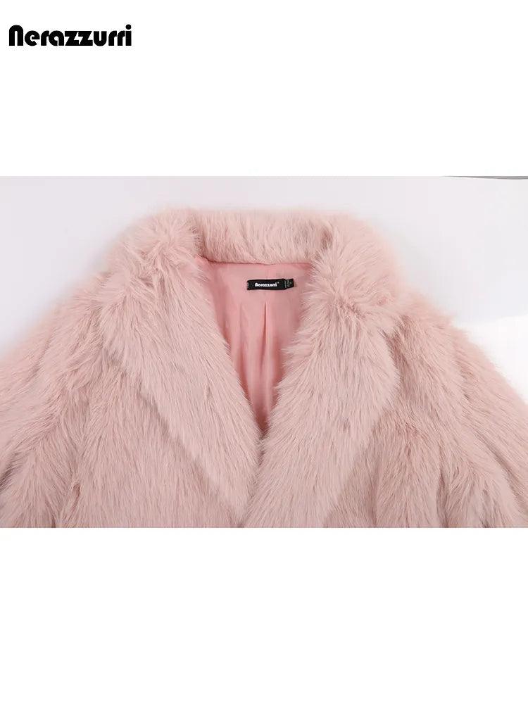 Nerazzurri Winter Long Oversized Pink Hairy Thick Warm Soft Faux Fur Coat Women Sashes High Quality Loose Casual Furry Overcoat - tntwear1