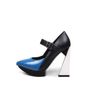 New Platform Women Shallow Pumps Pointed Toe Blue Mixed Black Leather High Heels Chic Mary Jeans Strap Party Stilettos - tntwear1