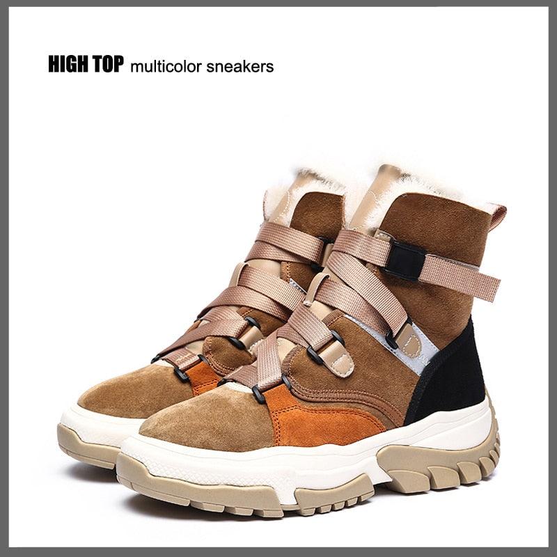 New High Top Multi Color Motorcycle Ankle Sneakers Suede Leather Casual Shoe Platform Wedge Comfortable Luxury Women Winter Boot - tntwear1