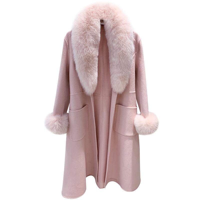 High Quality Women Winter Handmade Double Side 100% Woolen Real Fox Fur Collar Sleeve Long Warm Wool Coat - tntwear1