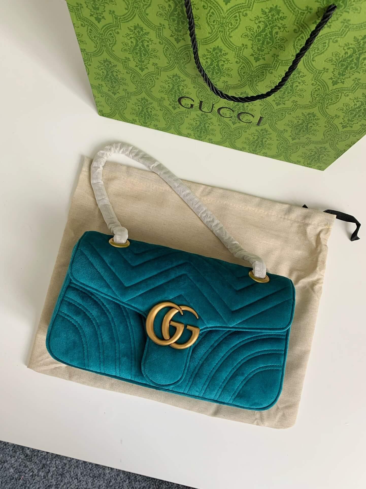 GG GG Marmont Small Velvet Shoulder Bag Petrol - tntwear1