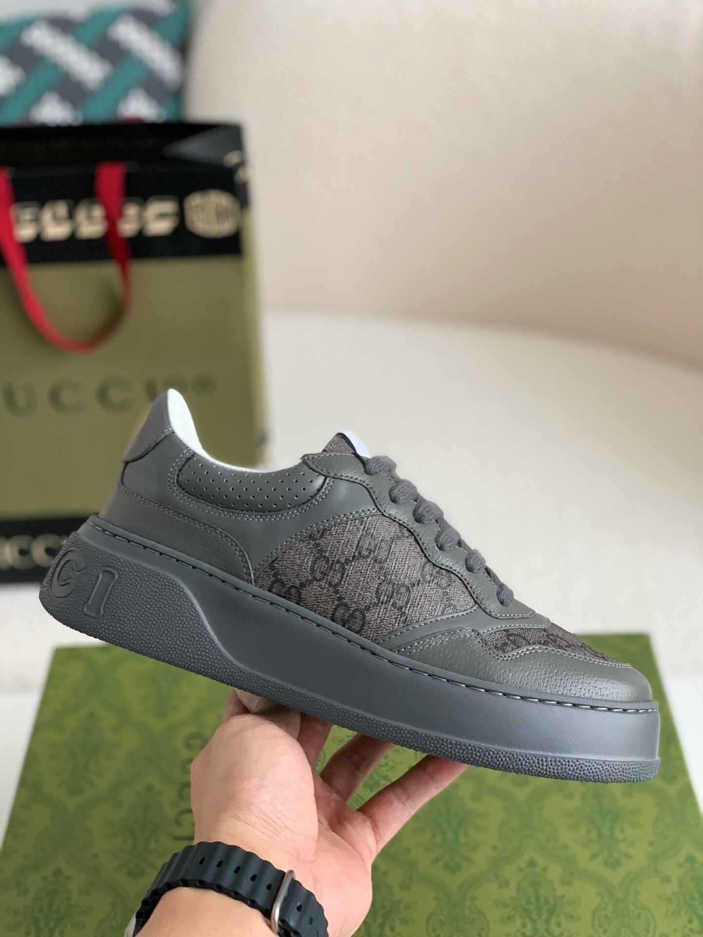 Gucci GG Monogram Chunky Gray Lace Up Sneakers