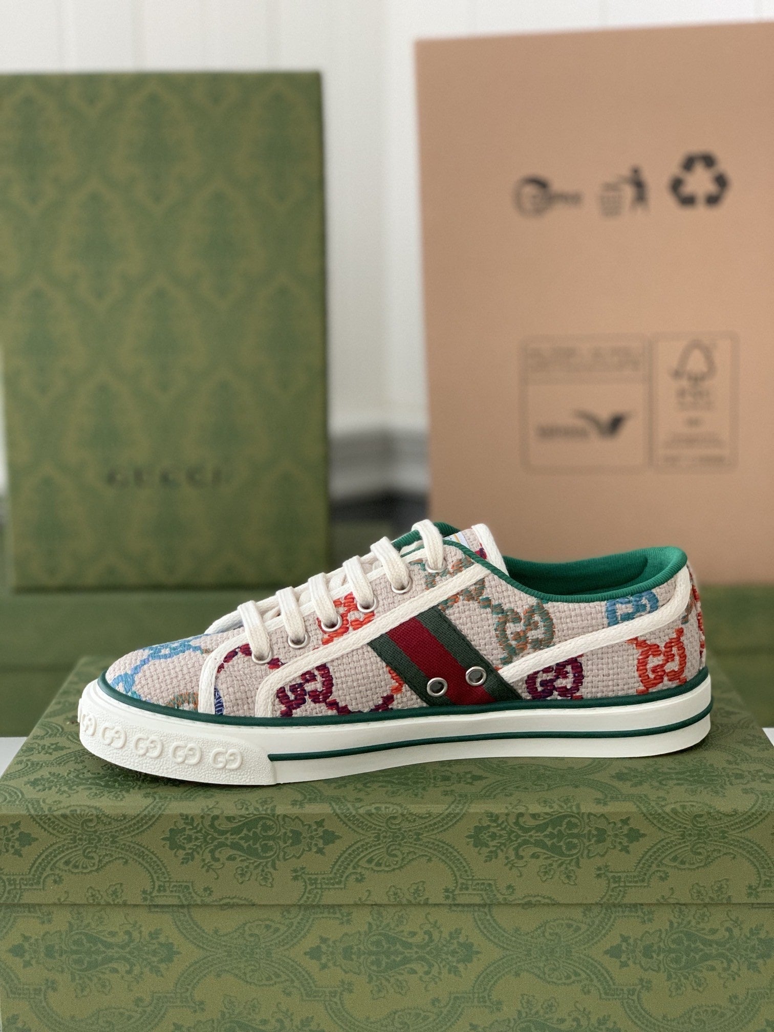 Gucci GG Tennis 1977 White Multicolour Trainer Low-Top Sneakers.