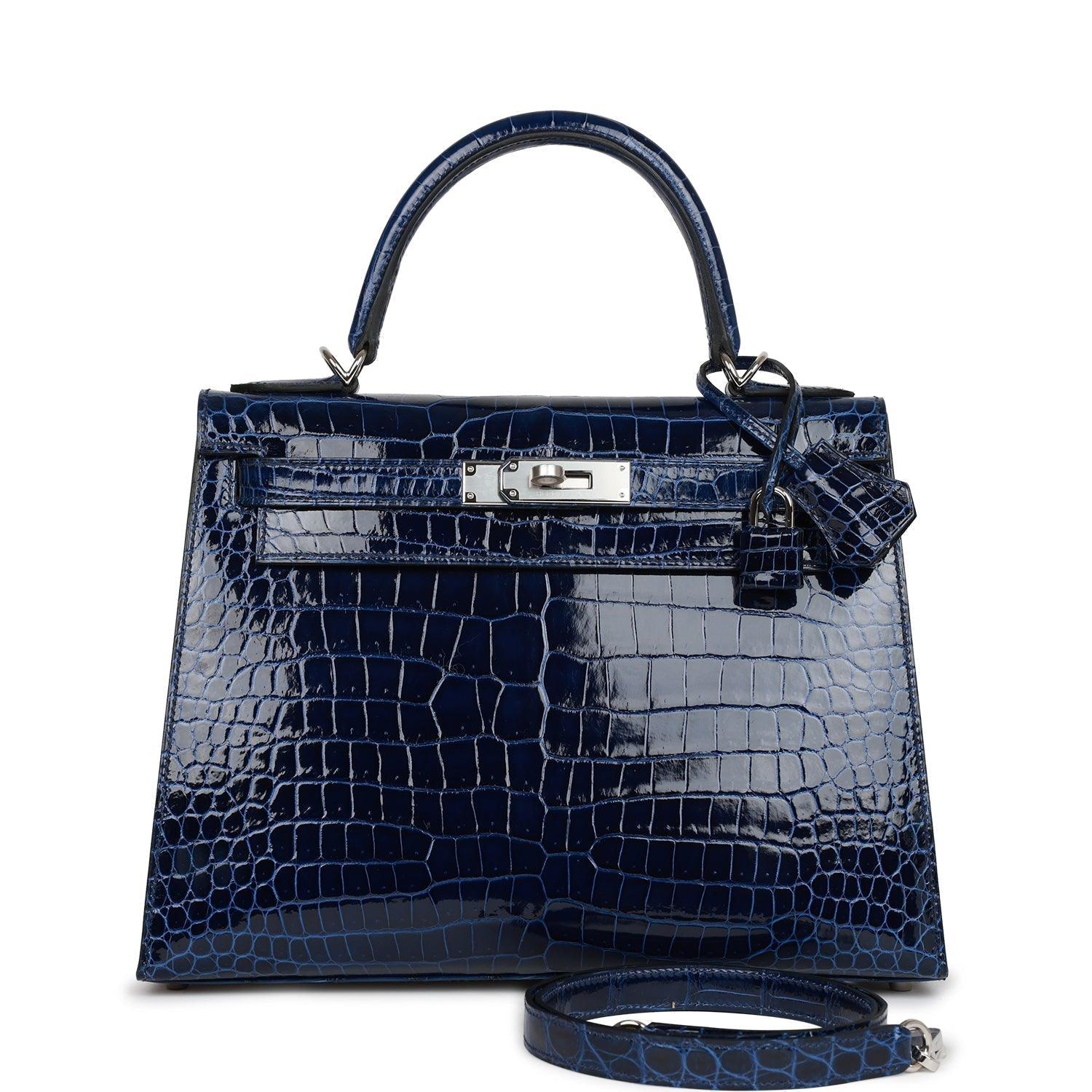 HRMS Kelly Sellier 28 Bleu Saphir Shiny Porosus Crocodile Palladium Hardware - tntwear1