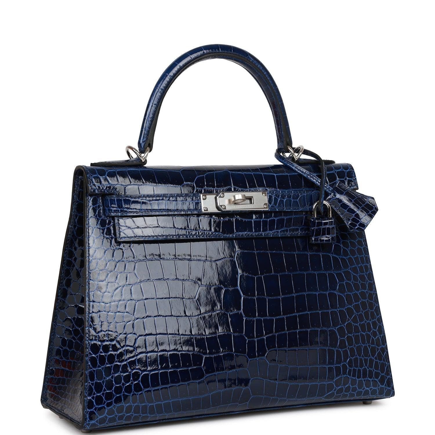 HRMS Kelly Sellier 28 Bleu Saphir Shiny Porosus Crocodile Palladium Hardware - tntwear1