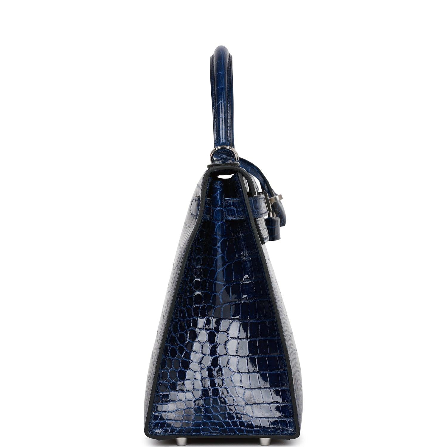 HRMS Kelly Sellier 28 Bleu Saphir Shiny Porosus Crocodile Palladium Hardware - tntwear1