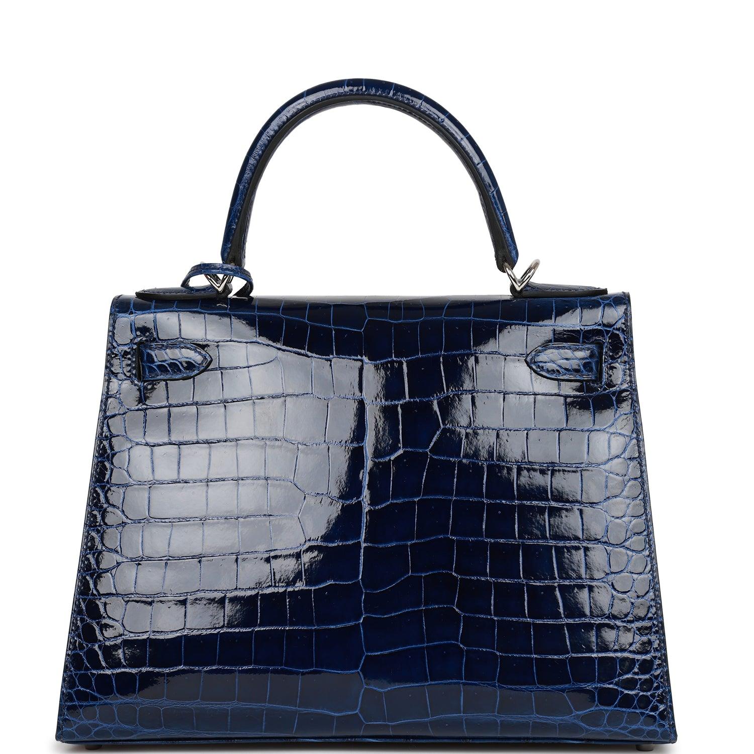 HRMS Kelly Sellier 28 Bleu Saphir Shiny Porosus Crocodile Palladium Hardware - tntwear1