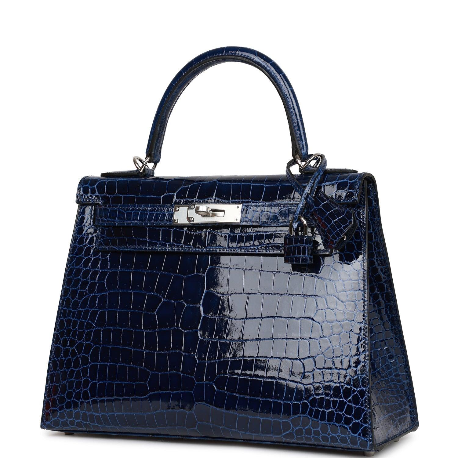 HRMS Kelly Sellier 28 Bleu Saphir Shiny Porosus Crocodile Palladium Hardware - tntwear1