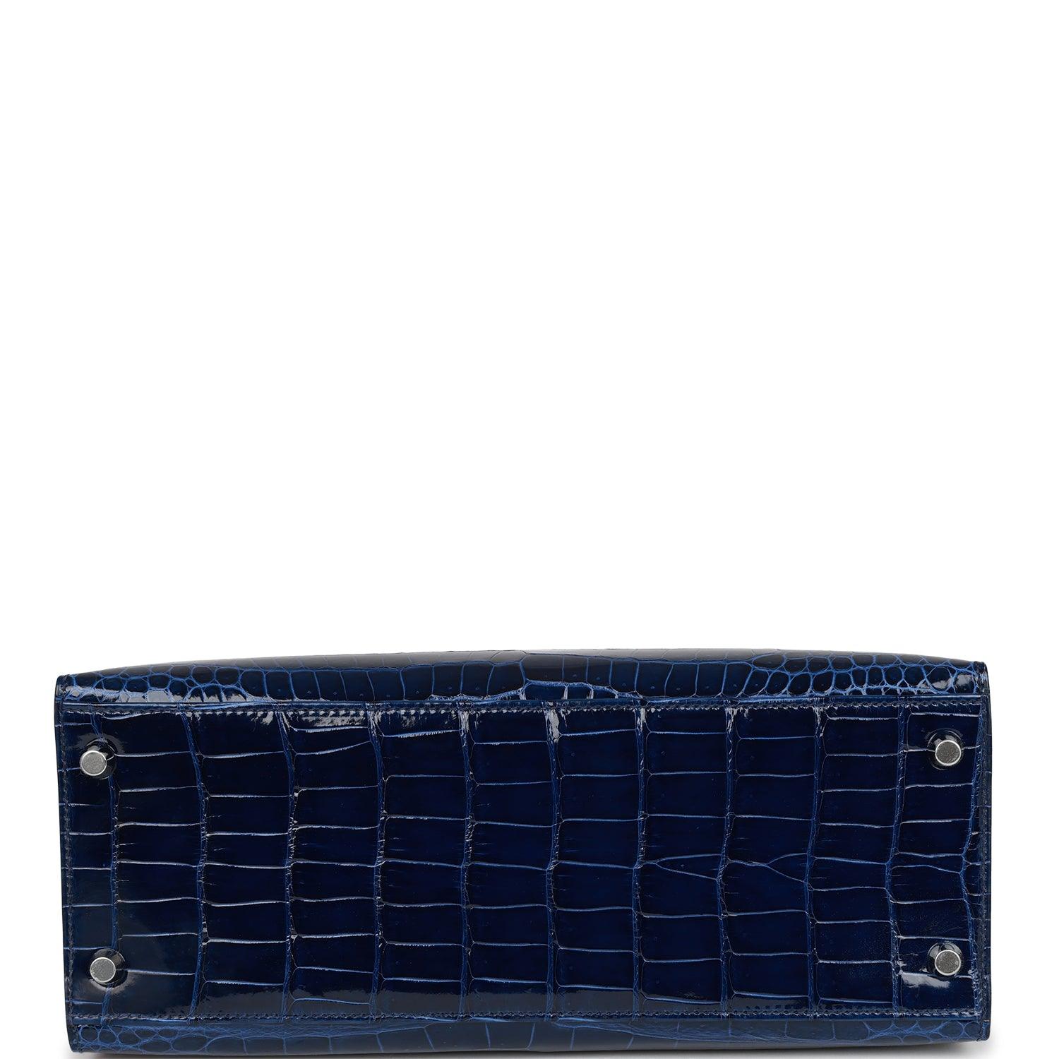 HRMS Kelly Sellier 28 Bleu Saphir Shiny Porosus Crocodile Palladium Hardware - tntwear1