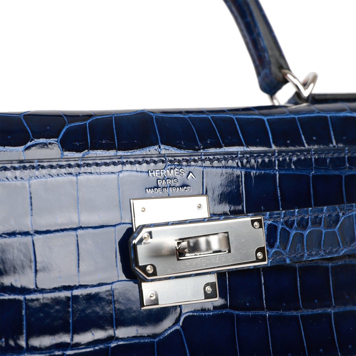 HRMS Kelly Sellier 28 Bleu Saphir Shiny Porosus Crocodile Palladium Hardware - tntwear1