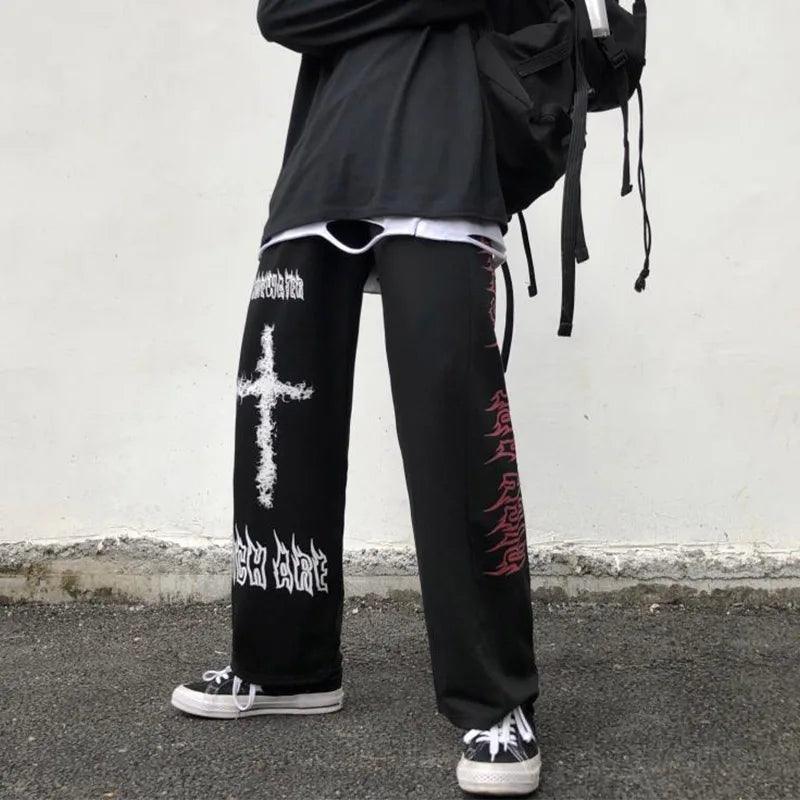 Gothic Cross Graphic Loose Pants - tntwear1