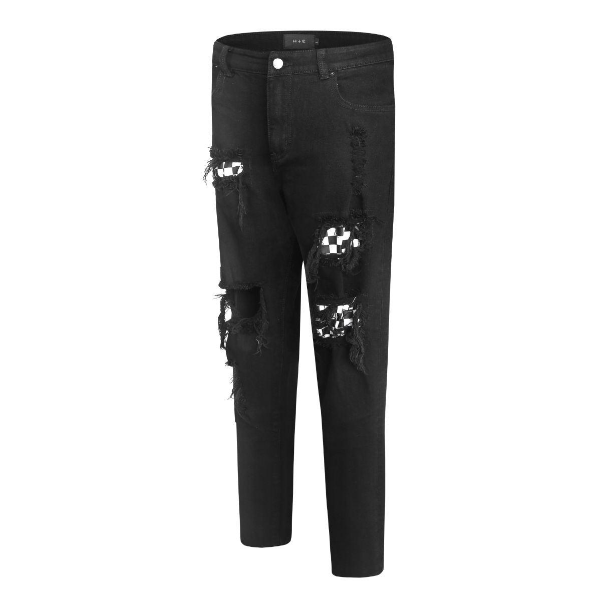 Checkered Patch Denim - Black - tntwear1