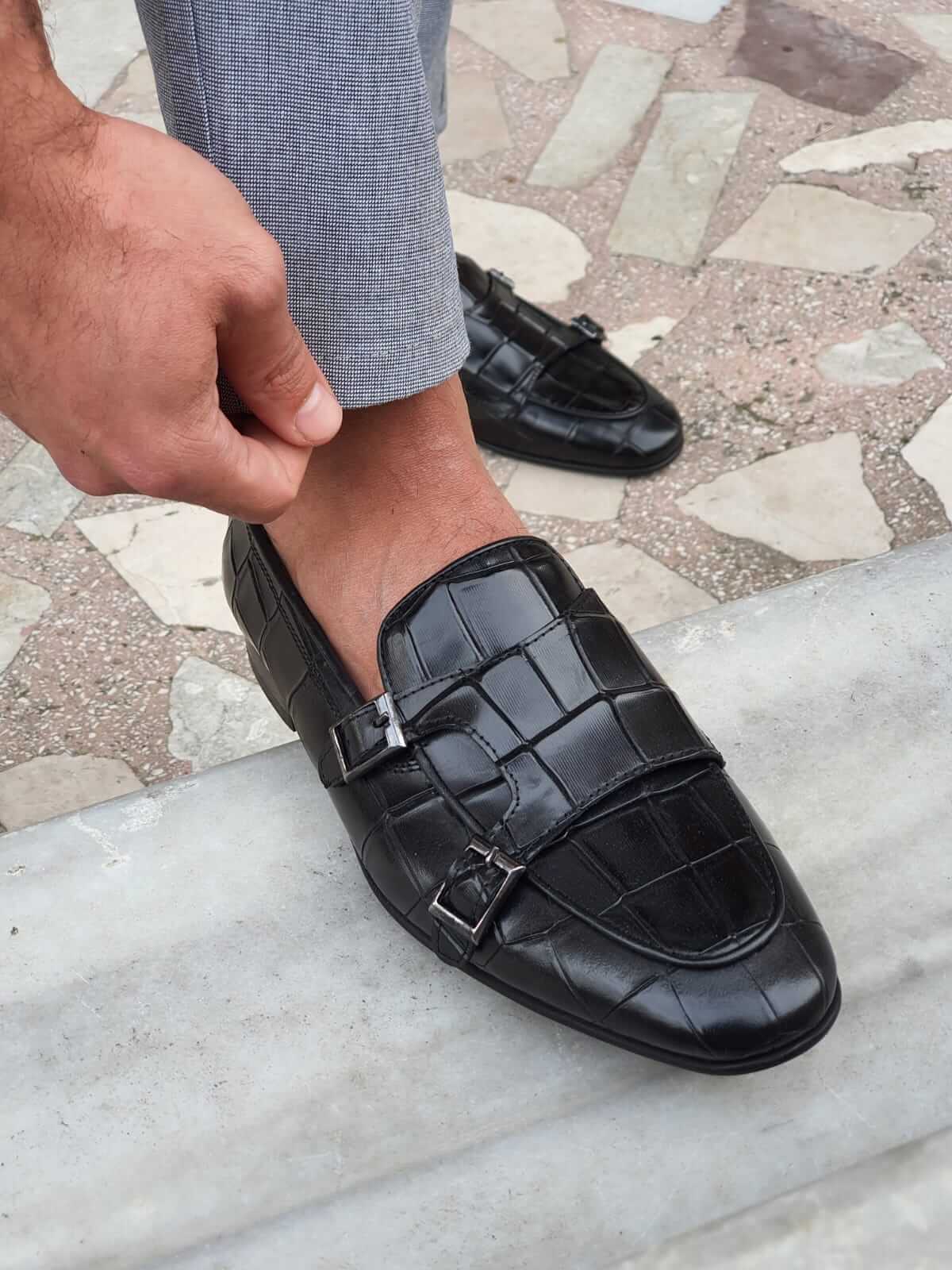 Black Double Monk Strap Leather Shoe