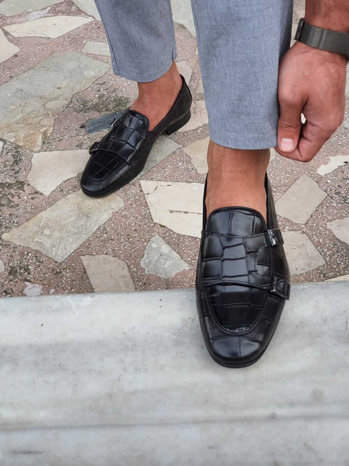 Black Double Monk Strap Leather Shoe