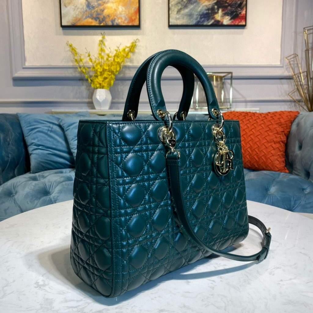 Large Lady CD Bag Dark Green Cannage Lambskin