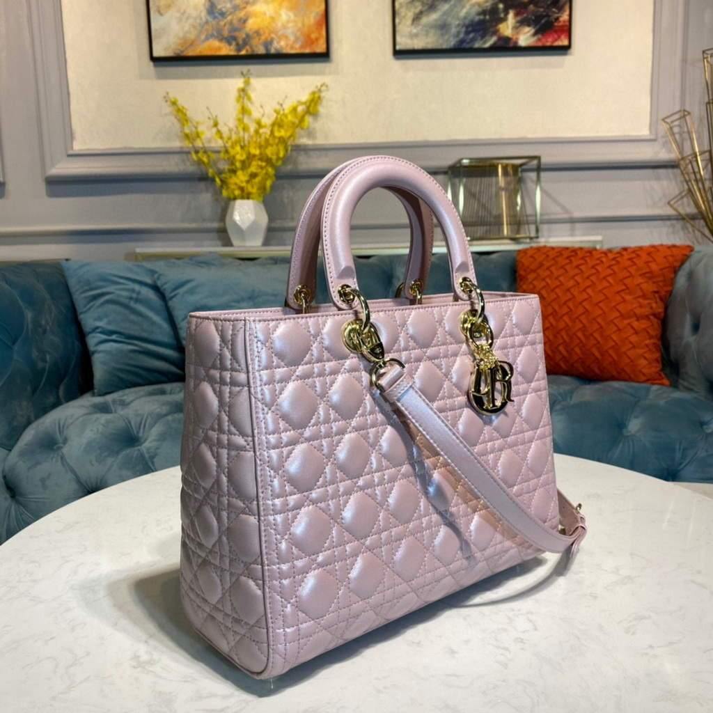 Large Lady CD Bag Silver Pink Cannage Lambskin