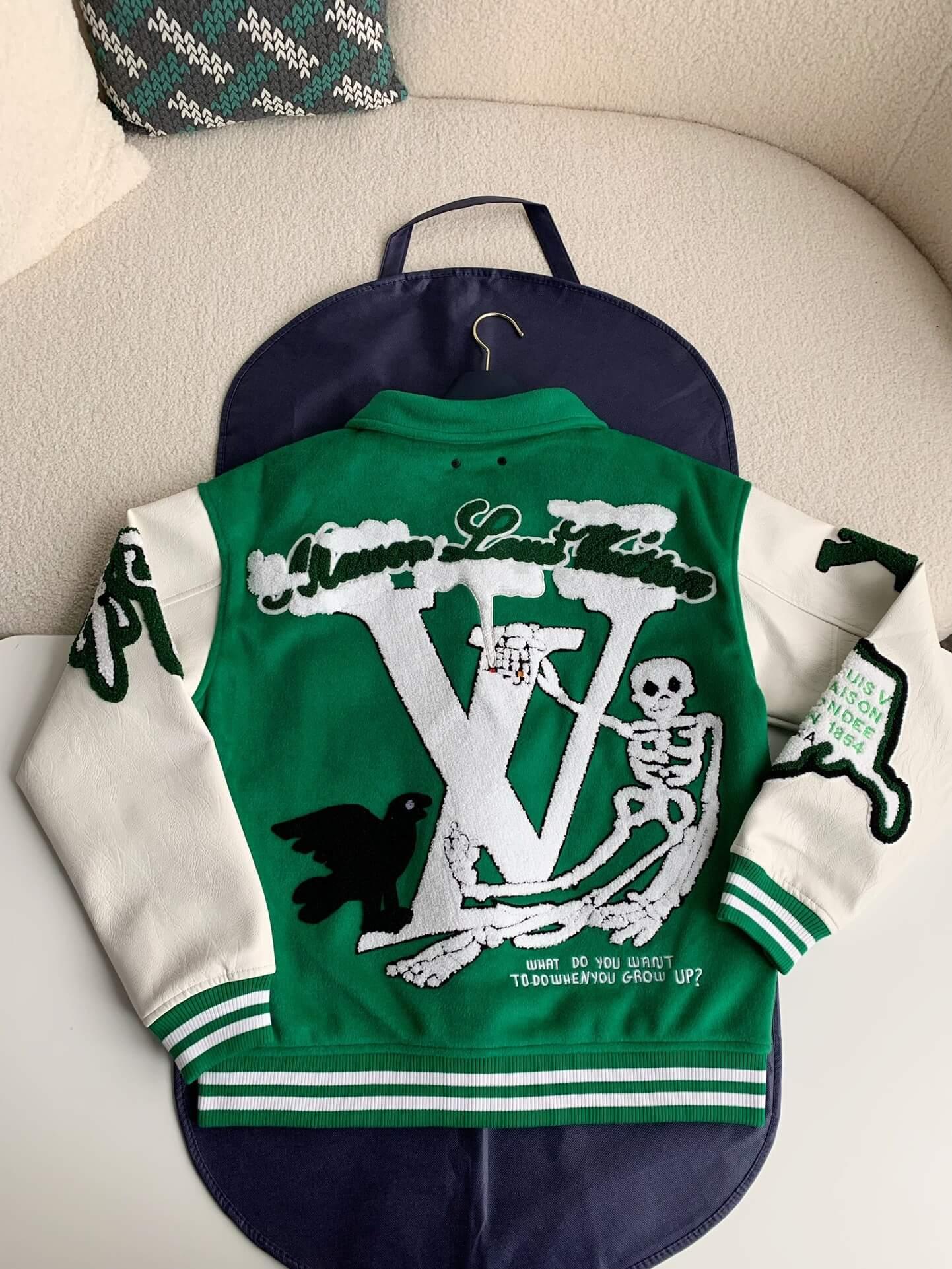 LV Leather Green Varsity Jacket - tntwear1