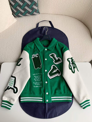 LV Leather Green Varsity Jacket - tntwear1