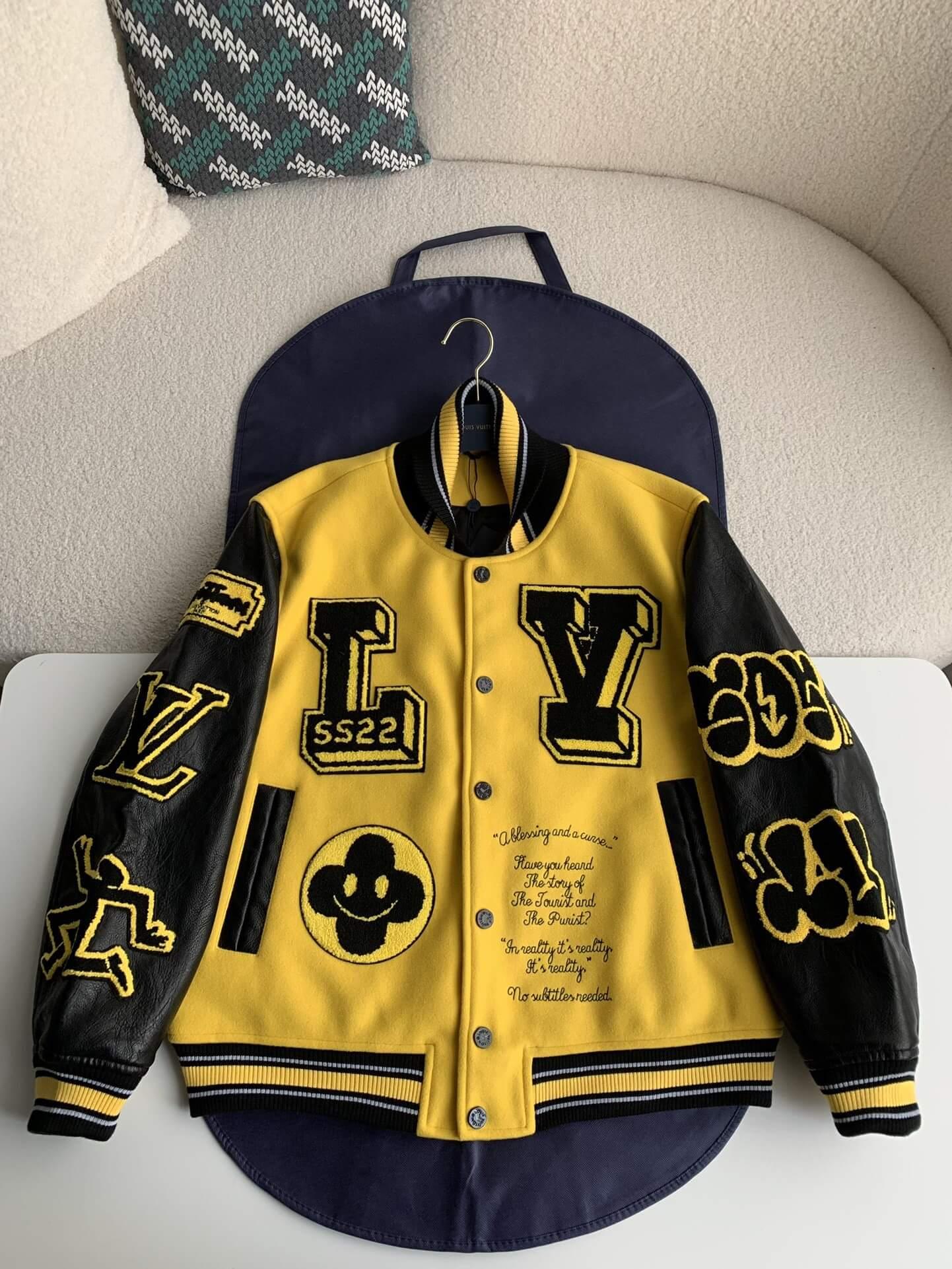 Luis Vuitton LV Embroidered Yellow Varsity Jacket - tntwear1