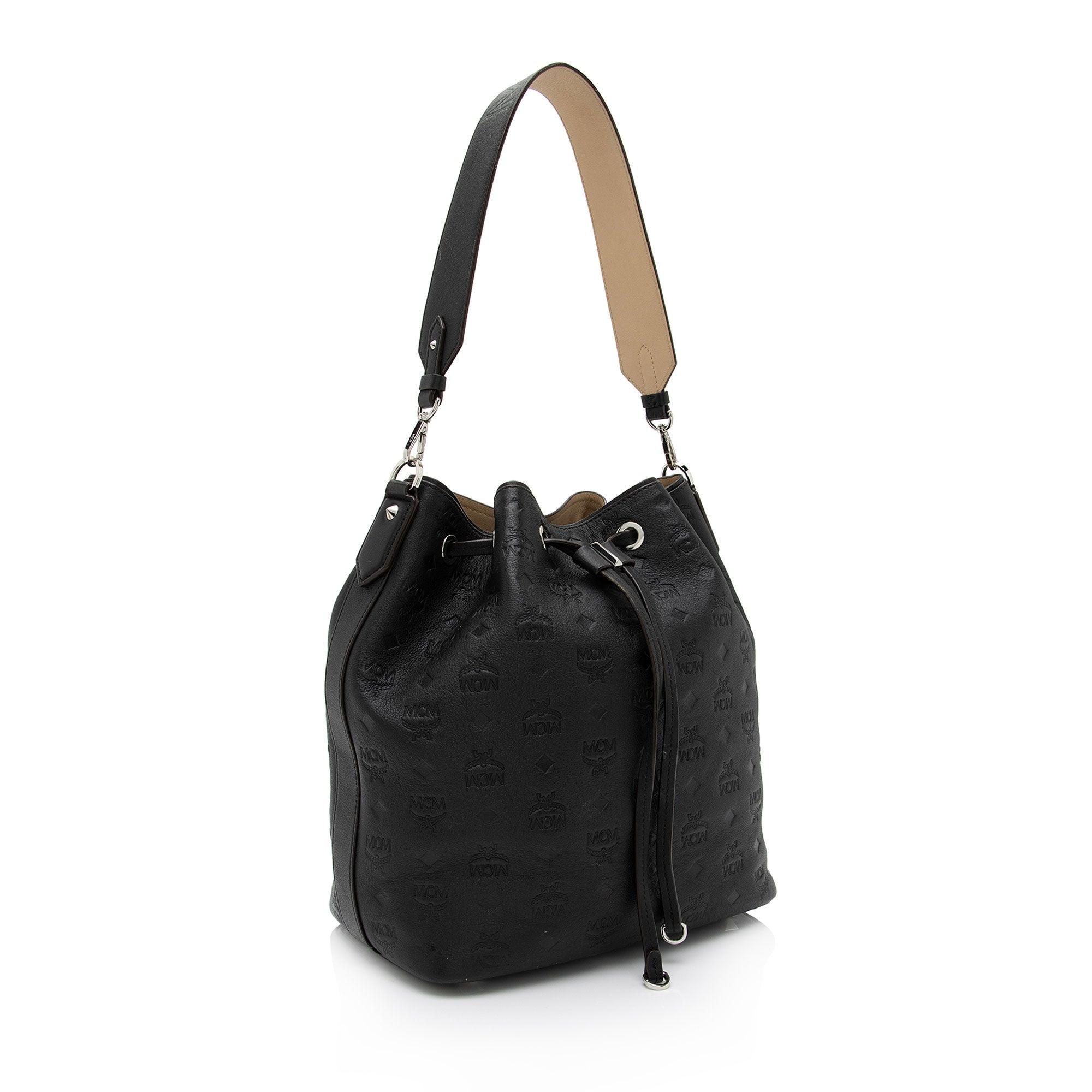 MCM Embossed Leather Aren Medium Drawstring Shoulder Bag - tntwear1