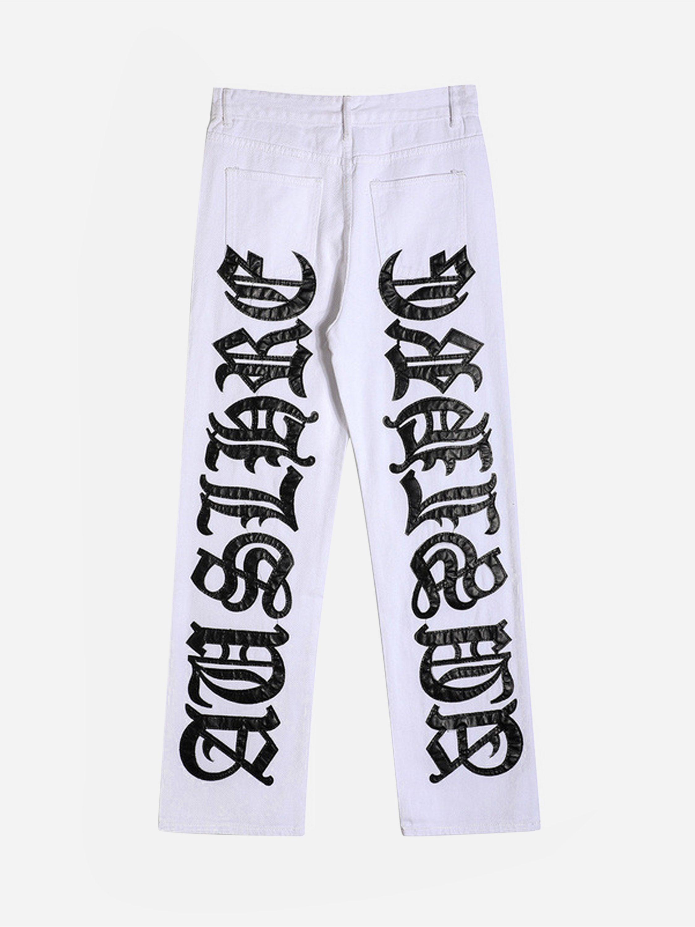 Tntwear® - American High Street Burning Text Embroidered Letters Jeans -1478 - tntwear1