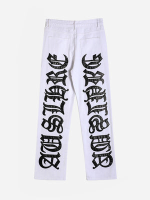 Tntwear® - American High Street Burning Text Embroidered Letters Jeans -1478 - tntwear1