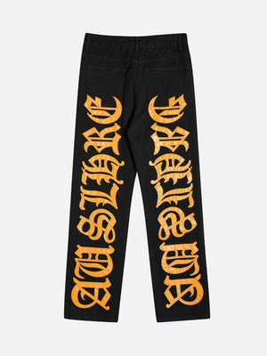 Tntwear® - American High Street Burning Text Embroidered Letters Jeans -1478 - tntwear1