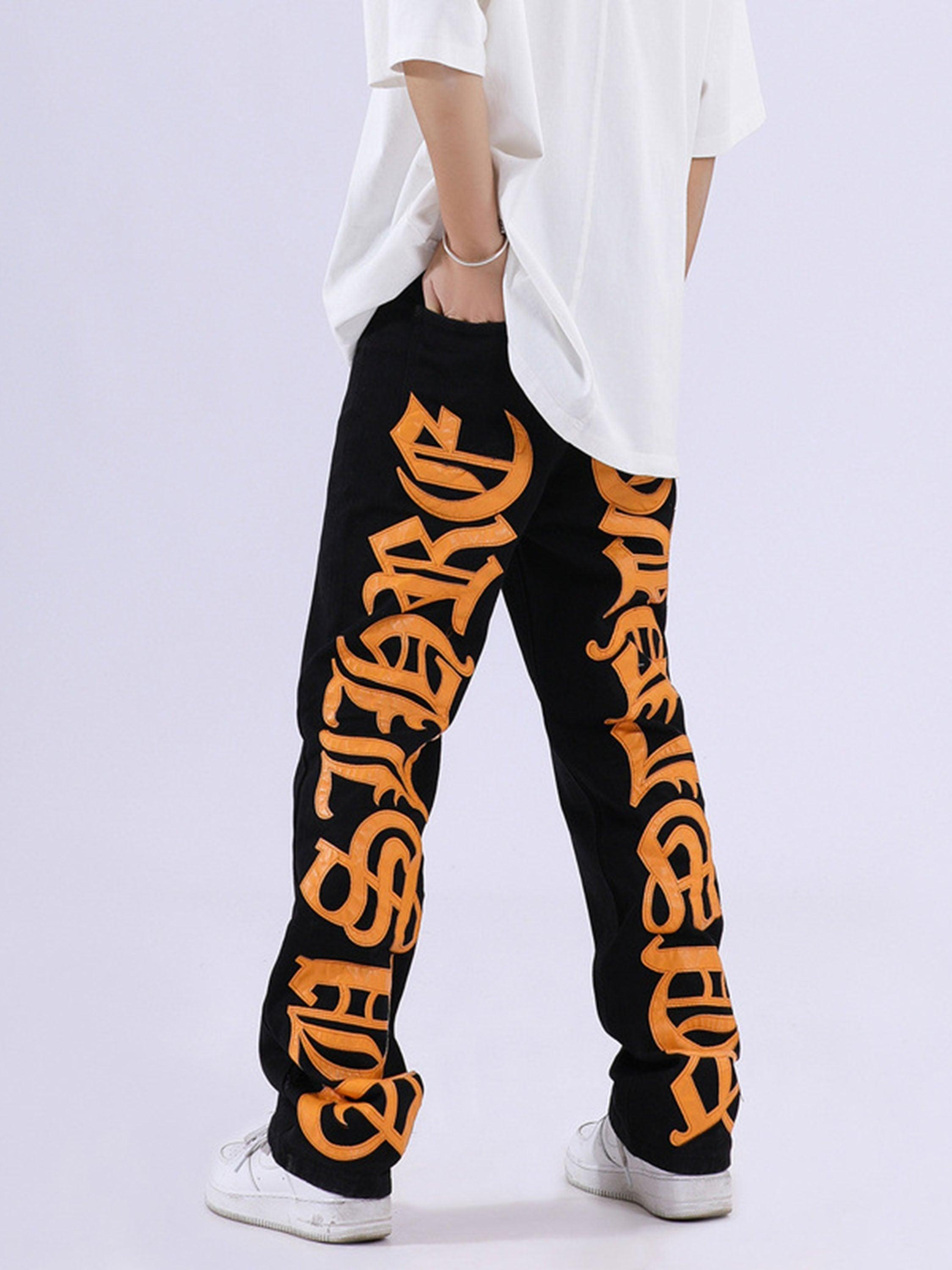 Tntwear® - American High Street Burning Text Embroidered Letters Jeans -1478 - tntwear1