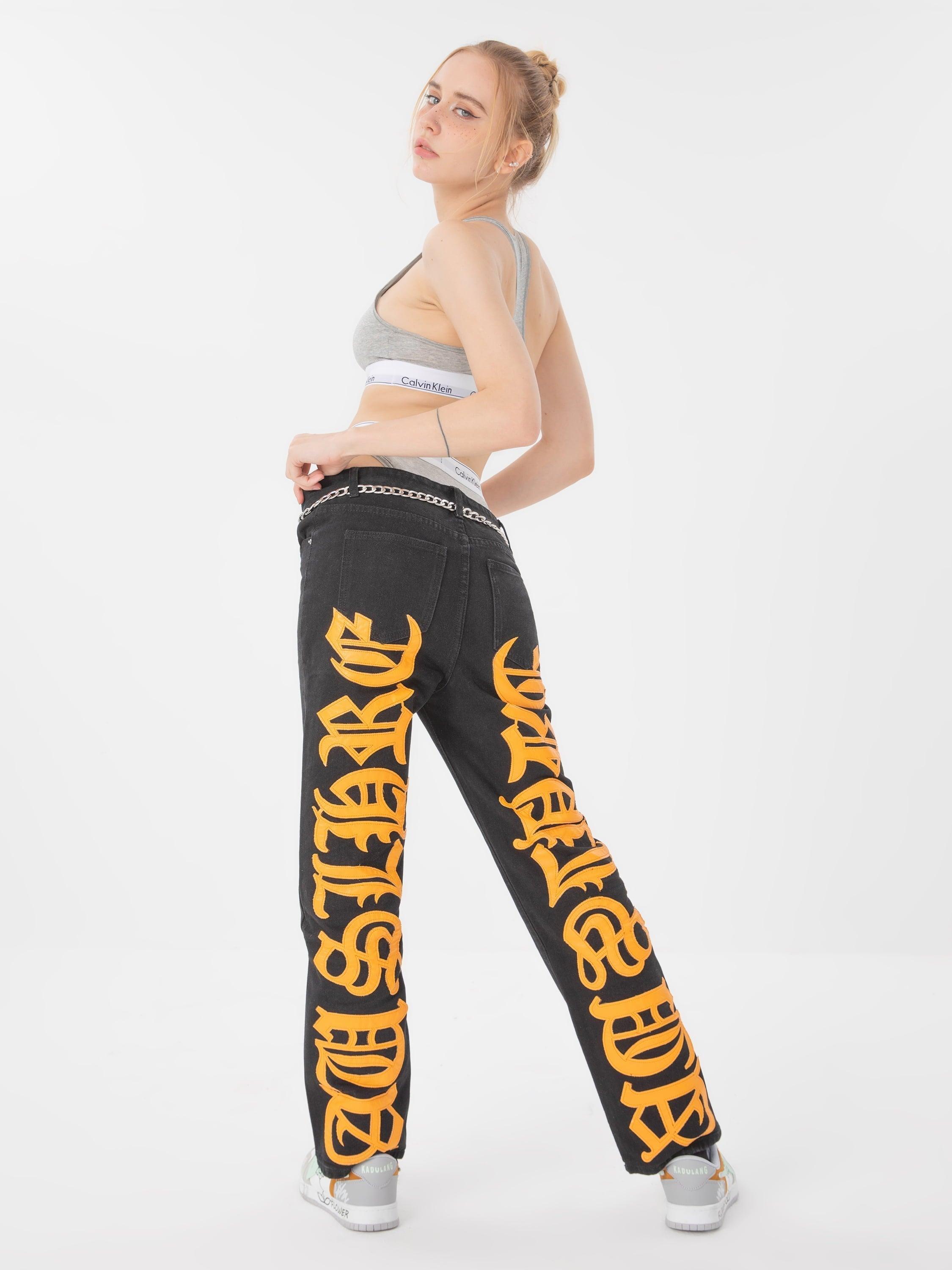 Tntwear® - American High Street Burning Text Embroidered Letters Jeans -1478 - tntwear1