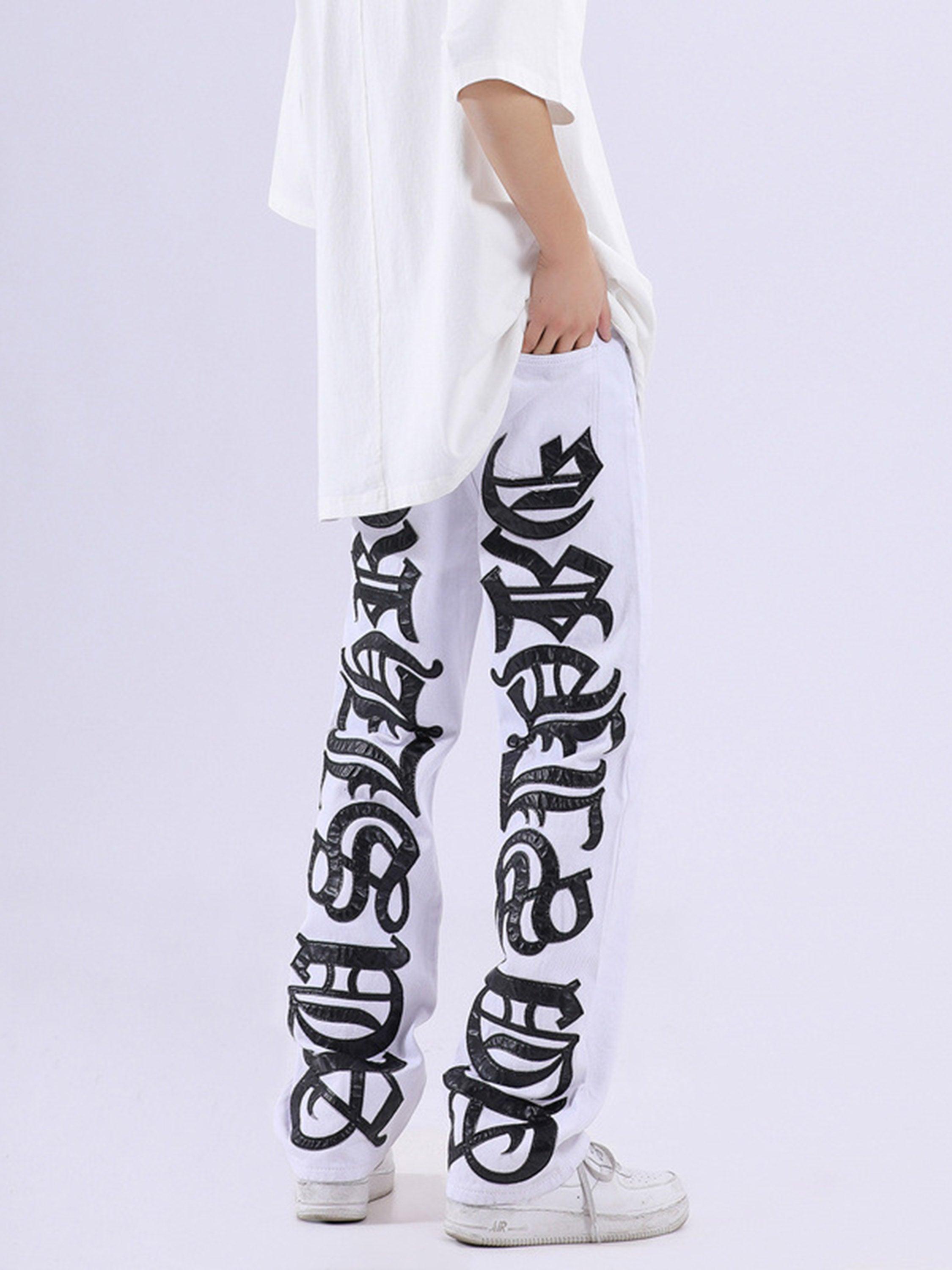 Tntwear® - American High Street Burning Text Embroidered Letters Jeans -1478 - tntwear1