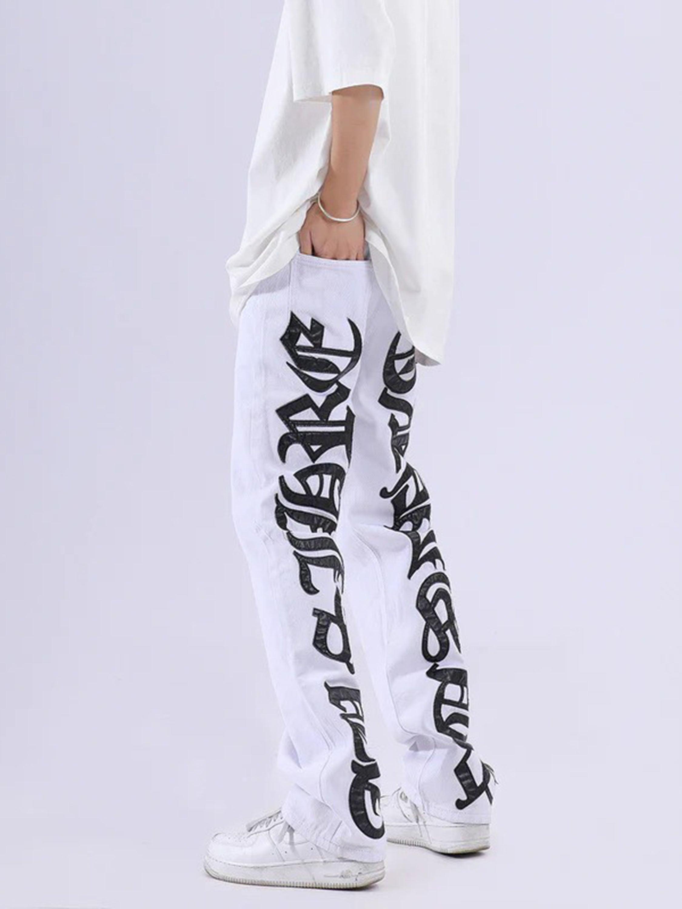 Tntwear® - American High Street Burning Text Embroidered Letters Jeans -1478 - tntwear1