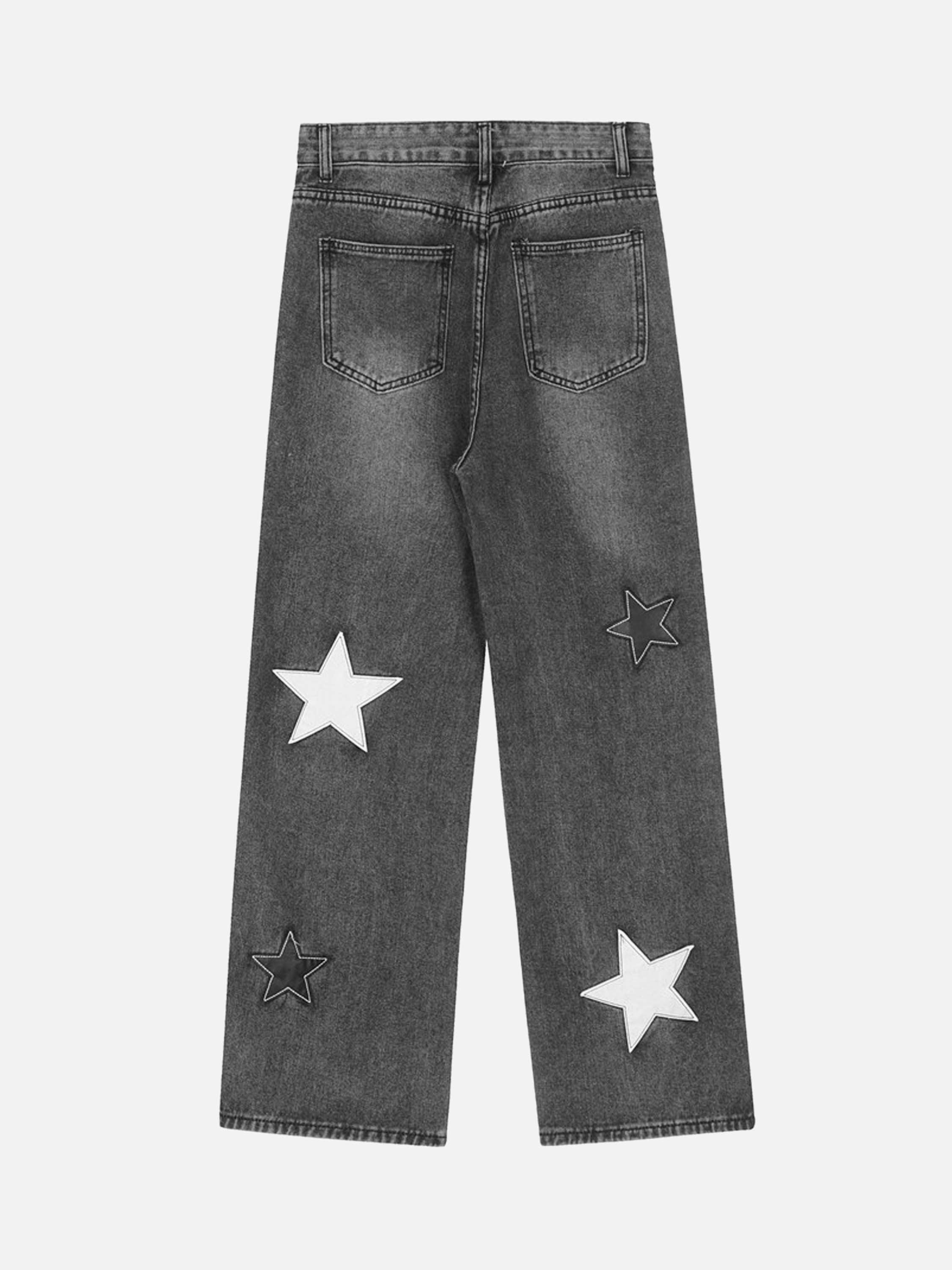 Tntwear® - American Vintage Five-pointed Star Patch Embroidered Jeans Loose Straight-legged Pants -1439 - tntwear1