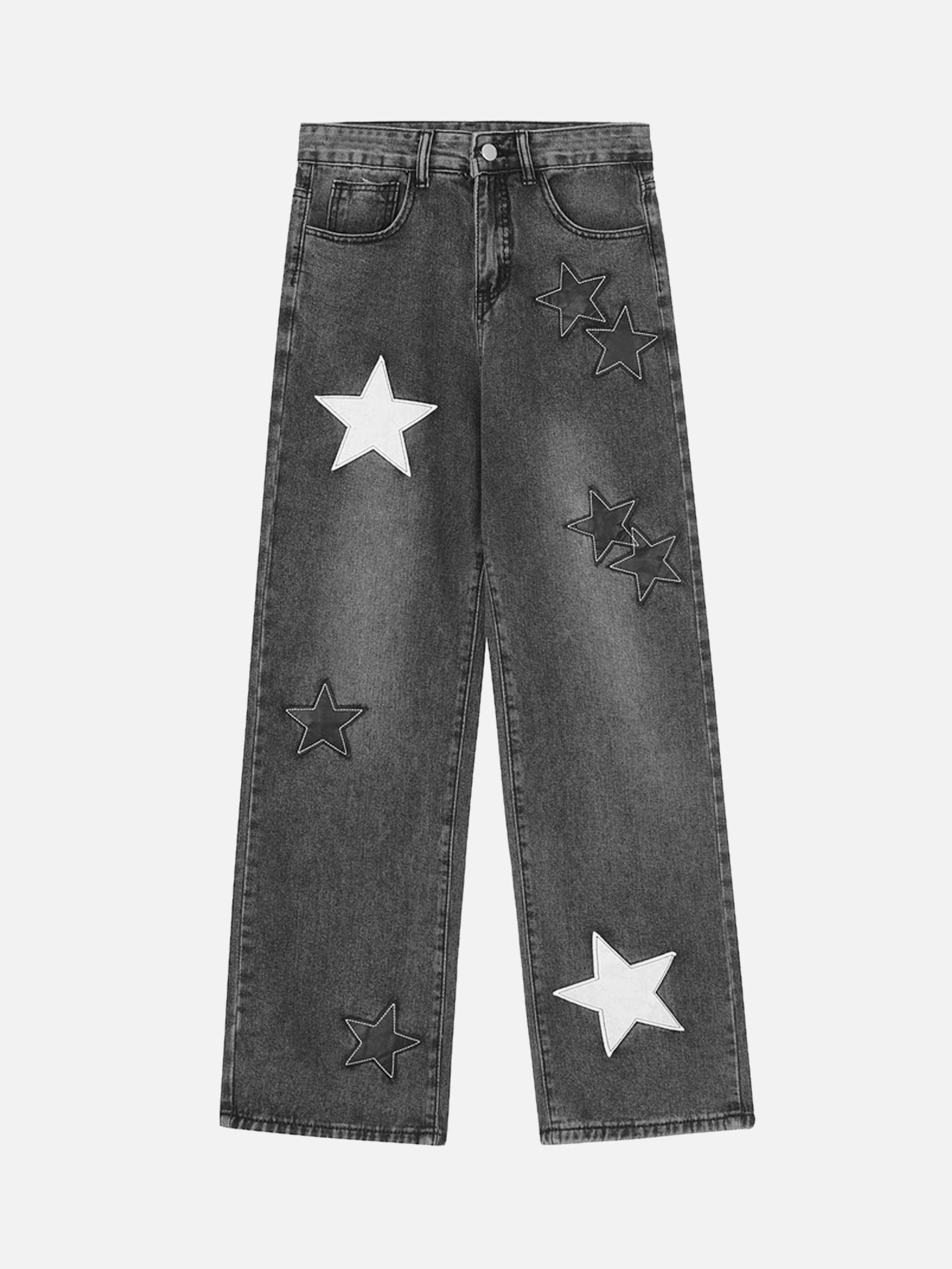 Tntwear® - American Vintage Five-pointed Star Patch Embroidered Jeans Loose Straight-legged Pants -1439 - tntwear1