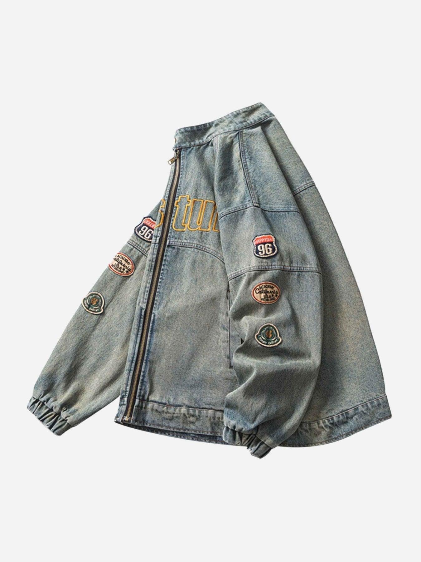 Tntwear® - Hip-hop Badge Embroidered Do-over Denim Jacket - 1911 - tntwear1