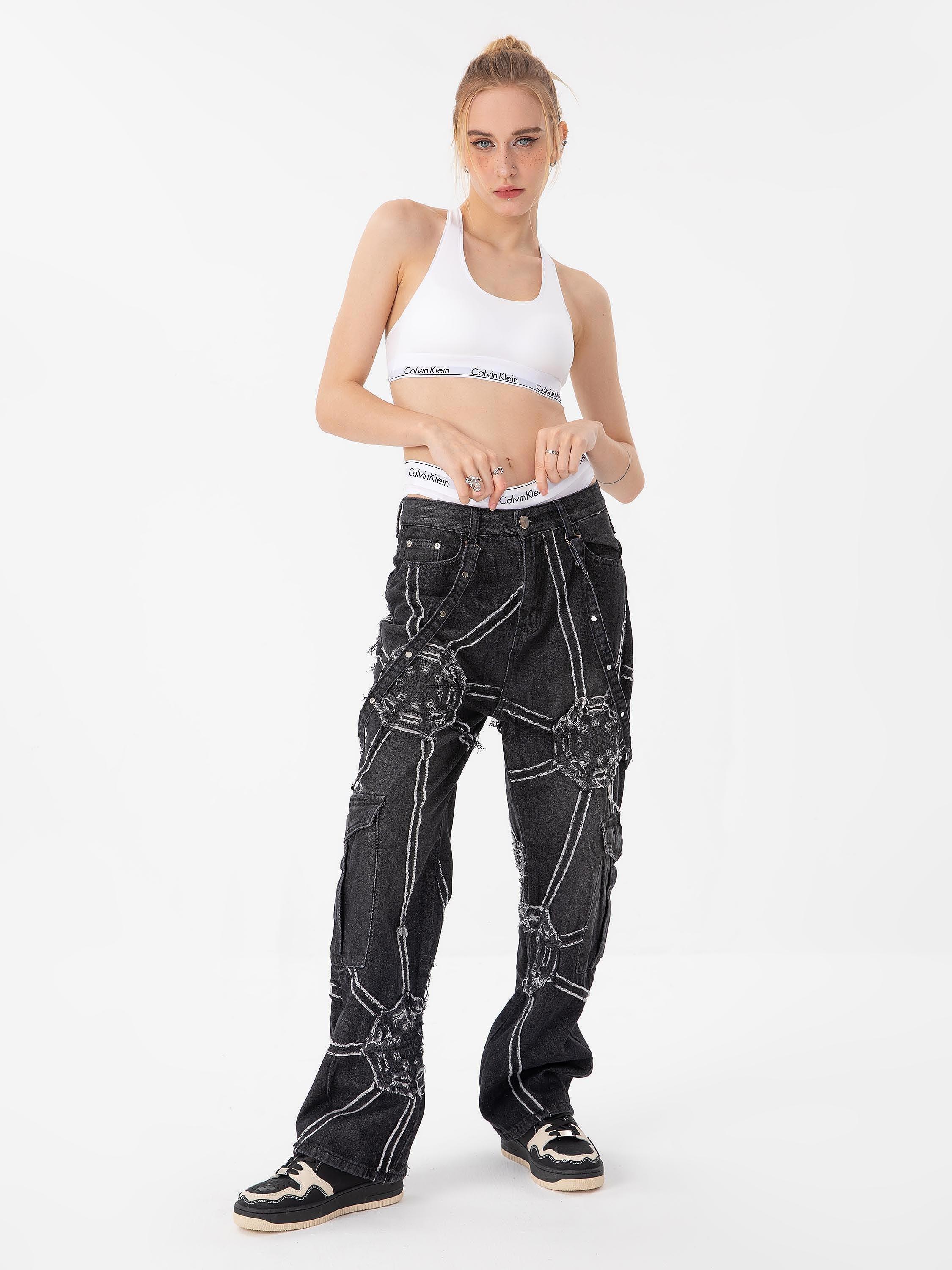 Tntwear® - Hip-hop High Street Design Sense Spider Web Denim Straight Leg Pants-1512 - tntwear1