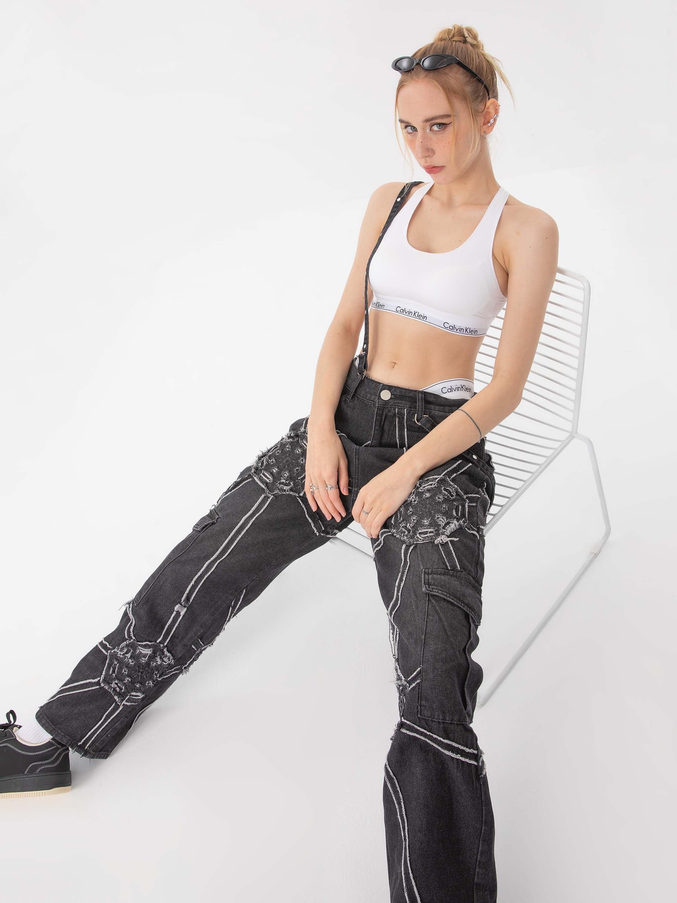 Tntwear® - Hip-hop High Street Design Sense Spider Web Denim Straight Leg Pants-1512 - tntwear1