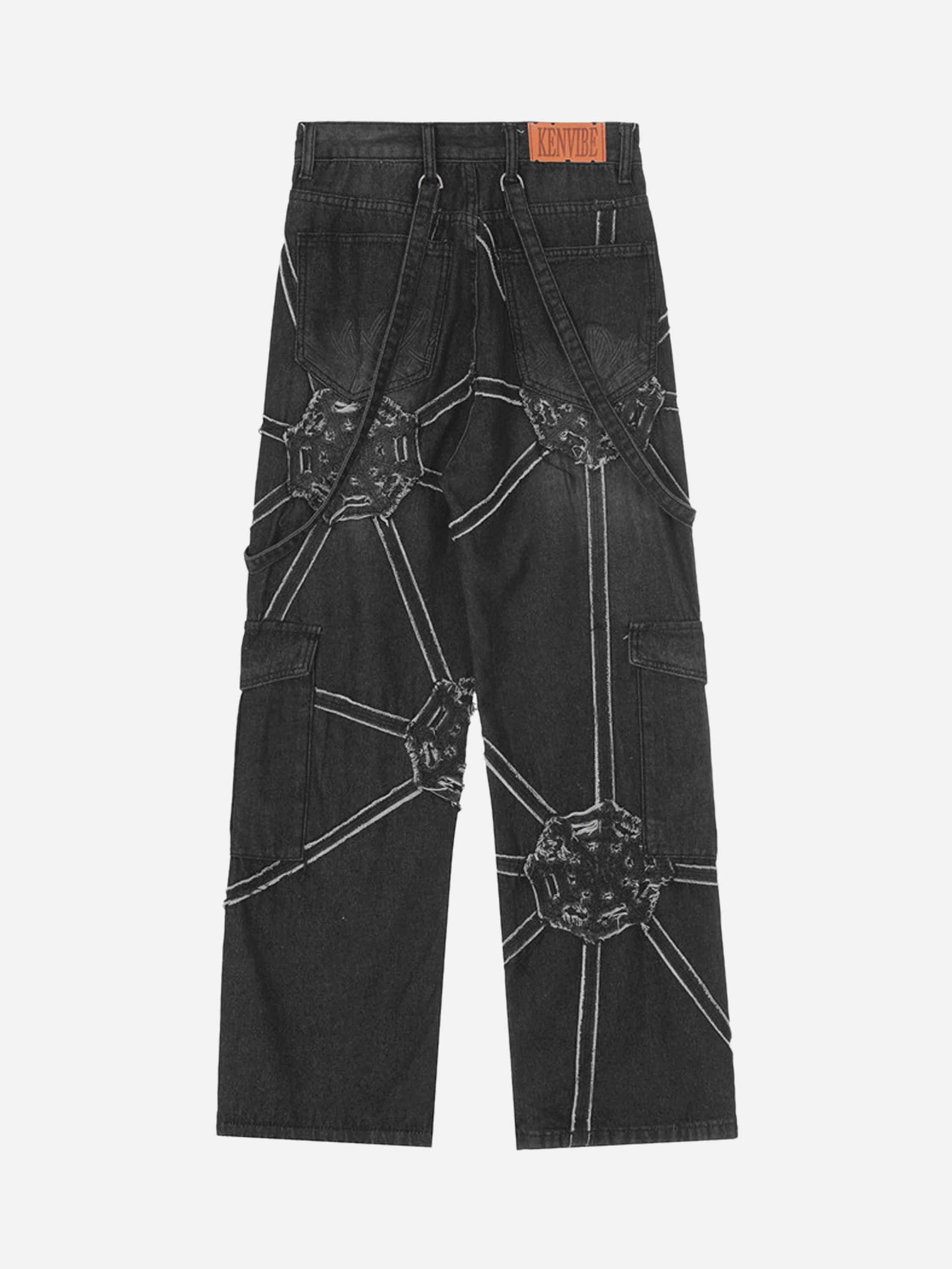 Tntwear® - Hip-hop High Street Design Sense Spider Web Denim Straight Leg Pants-1512 - tntwear1