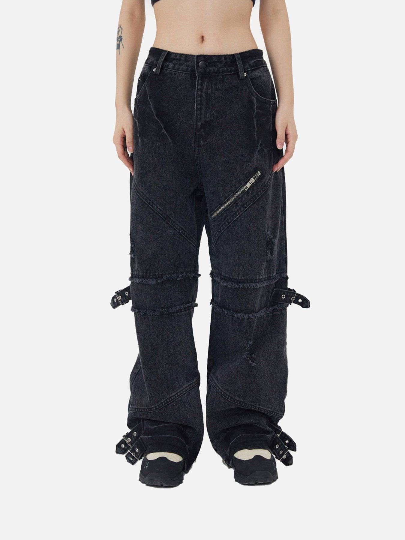 Tntwear® - Hip-hop Retro Wash Old Punk Denim Pants Loose Straight Pants Couple Models-1456 - tntwear1