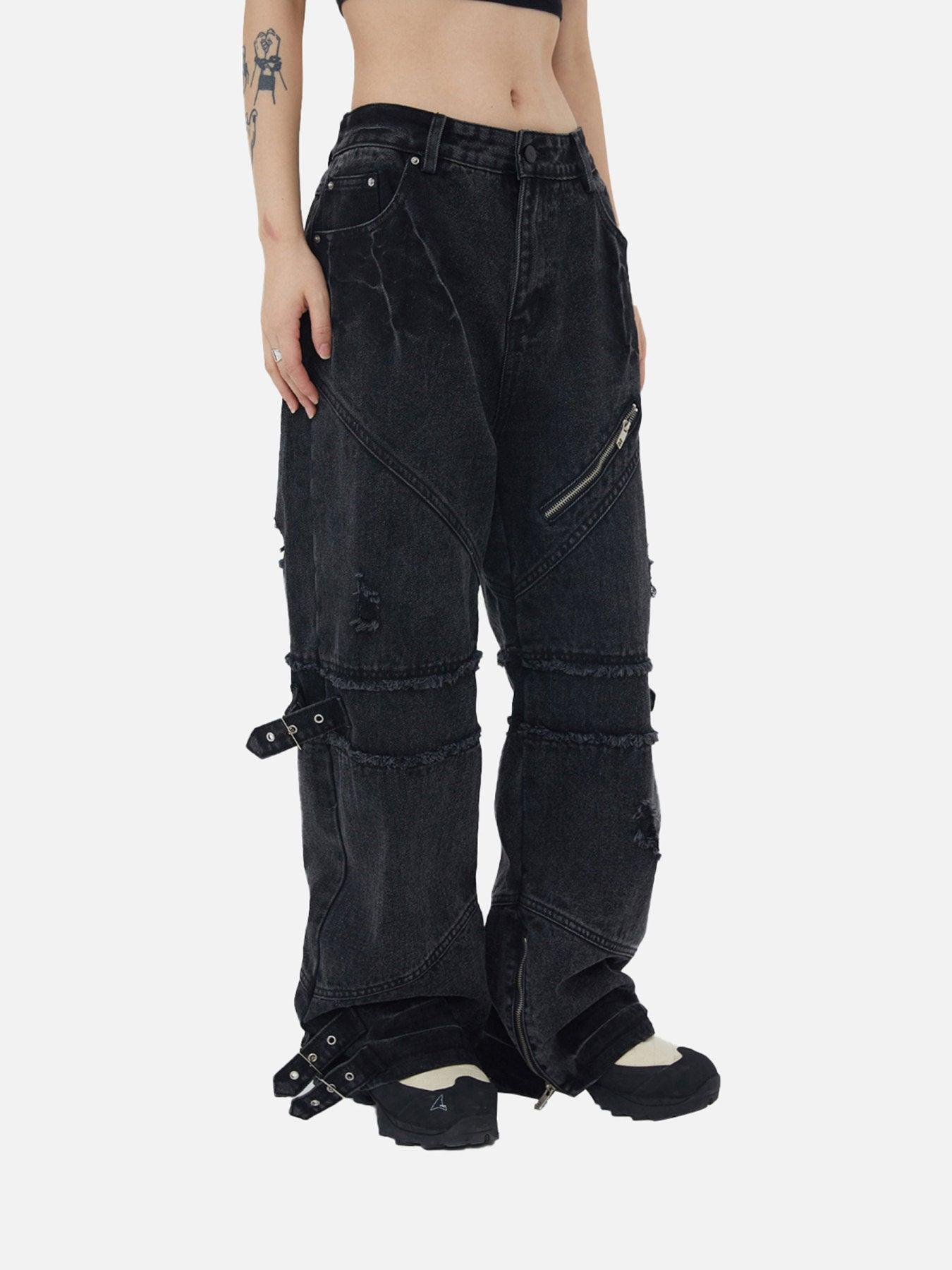 Tntwear® - Hip-hop Retro Wash Old Punk Denim Pants Loose Straight Pants Couple Models-1456 - tntwear1